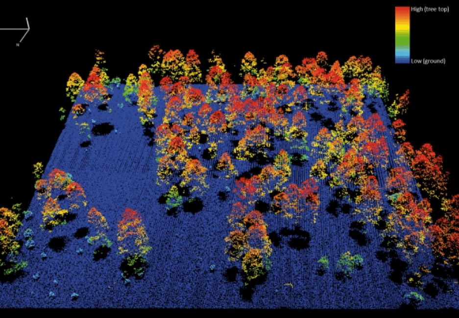 LiDAR posnetki so uporabni tudi za analize vegetacije oziroma poraščenosti terena. (vir: eros.usgs.gov)