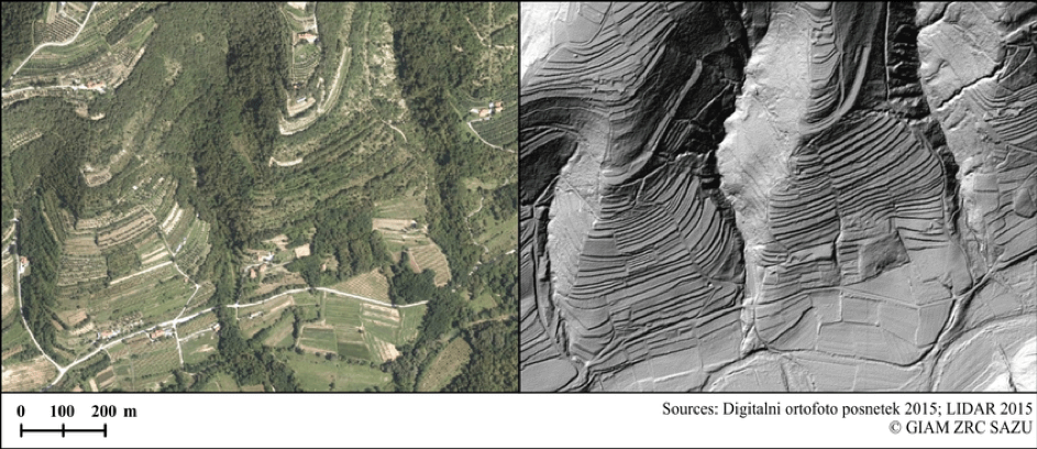 Levo digitalni orto-foto posnetek terena, desno posnetek laserskega skeniranja terena (LiDAR)