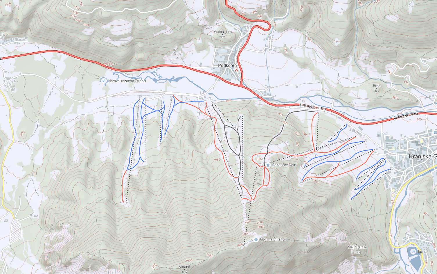 Prikaz topografske karte smučišča v Kranjski Gori